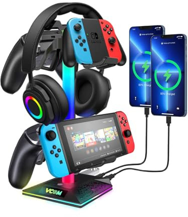 VCOM RGB Headphone Stand, Headphone holder with 2 USB and 1 Type-C Ports-Gaming Headset Stand with 10 Light Modes for Gamer Xbox PS5 Gameing Desk Accessories Gift (Black)