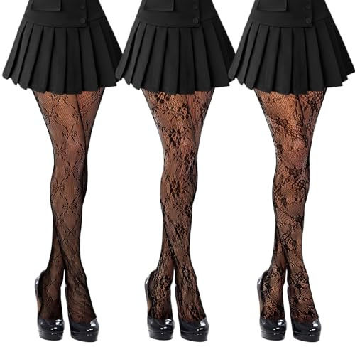 Neyeau Pattern Tights 3 Pairs, Women's Black Patterned Tights, Lace Floral Pantyhose High Waist Fishnet Stockings, Women's Patterned Fashion Tights
