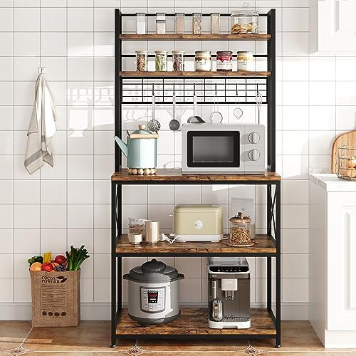 HAUSPROFI Küchenregal - Standregal für Küche Mikrowellen-Regal mit 5 Regalebenen und 6 Haken, Küchenregal Schwarz mit Gitterplatte Küchenregale für Balkon Speisekammer Kellerraum Wohnzimmer