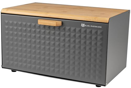 KARL HAUSMANN Boîte à Pain Gris en Métal avec Couvercle en Bambou - Garde le pain frais plus longtemps | Grande Huche a pain pour cuisine et plan de travail | Boite à pain avec fermeture magnétique