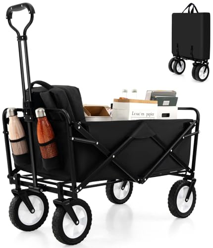TANGZON Folding Trolley Cart, Collapsible Festival Trolley Trailer with Adjustable Handle & 2 Cup Holders, Heavy Duty Pull Along Wagon Cart for Camping Beach Garden Shopping (Black)