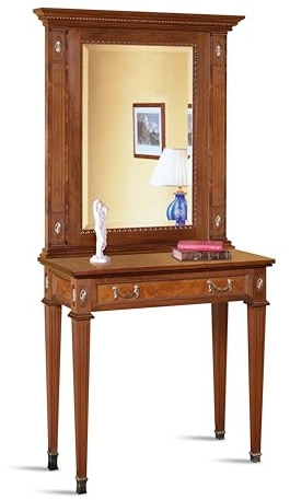 Mesa Consola Artesanal con Espejo Estilo Imperio en Madera Maciza de Nogal Nacional, Mueble de Estilo Clásico, Made in Italy