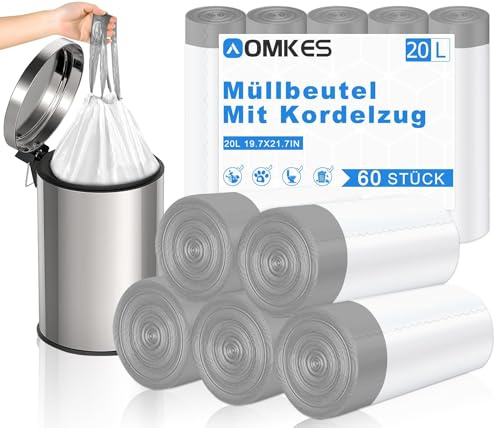 AOMKES 20L Weiß Müllbeutel Mit Zugband, 60 Stück, Küchen Abfallsäcke | Starke Und Reißfeste Müllsäcke Mit Kordelzug, Geeignet Für Küche Und Haushalt, Einfache Und Saubere Entsorgung