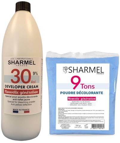 Poudre Décolorante 9 TONS - Technologie anti-reflet jaune 500ml + Crème révélatrice 30vol 900ml - Qualité Professionnelle - Fabriqué en France