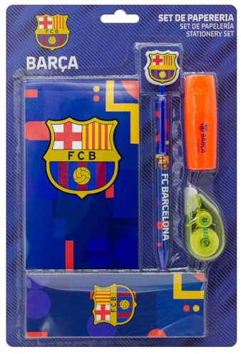 Set de Papelería Barcelona FC con Block de Notas, Marcapáginas, Bolígrafo, Subrayador y Corrector, Material Escolar | Producto Oficial