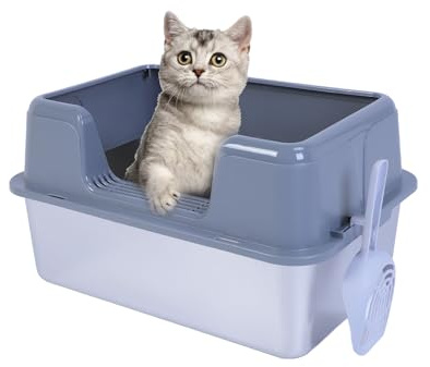 Halbgeschlossene Katzentoilette aus Edelstahl mit Deckel, 20 L XL, Große Metalltoilette für Große Katzen mit Hohem Rand, Inklusive Schaufel, (grau)