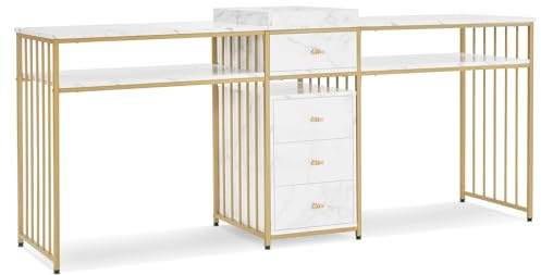 M MCombo Mesa de uñas Doble con cajones, Escritorio con Estante, Mesa de manicura, tocador sin Espejo salón Moderno, mármol-Blanco Oro, 50 x 200 x 86cm, 2413
