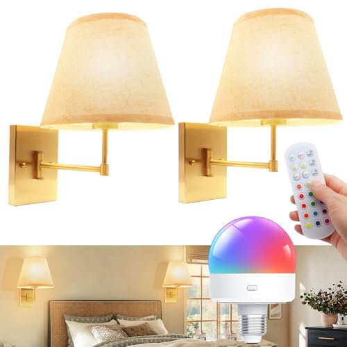 fisca Kabellose Wandleuchte 2 Set, 5000 mAh Wiederaufladbare Wandleuchte mit Fernbedienung und Timer, RGB Dimmbare Abnehmbare Glühbirne für Wohnzimmer/Schlafzimmer (Gold) [Energieklasse E]