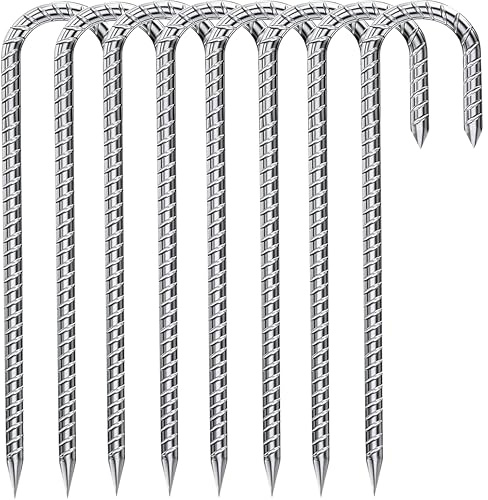 Fondlife Bodenanker,30cm Bodenpfähle,Verzinkter Stahl Bodenanker Trampolin,Bewehrungsstab Zeltheringe,Garten Pfähle,Camping Zelt Heringe. (Silber J, 8 Stück)