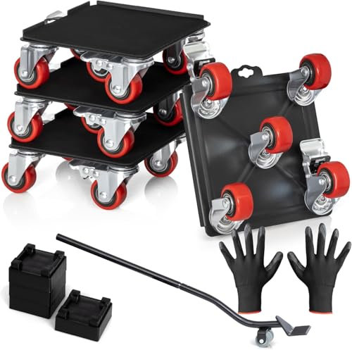 Robuste Möbelbeweger mit Rädern, Möbelrollen-Set, Umzugsmöbel, Werkzeug-Set, Räder, Klavierwagen, Billardtisch, Dollies, Doppellager, Schlösser, maximale Tragkraft 907 kg, 6,9 x 6,3 cm, Schwarz-Rot