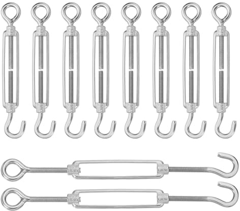 sourcing map M6 Hook and Eye Turnbuckles for Cable Wire Rope Tension, 304 Stainless Steel Turnbuckle Adjustable for Shade Sail String Light Hanging Pack of 10