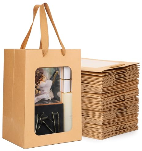 EUSOAR Papiertüten Braun - 50 Stück Geschenktüte mit Fenster - 210GSM Papiertüten mit Henkel - 20x16x30cm Geschenktüten Gift Bag - Kraftpapiertüten Verpackung - Geburtstag Papier Tüten