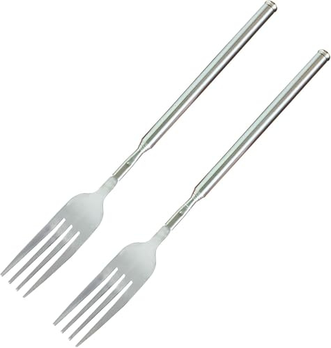 Lot de 2 fourchettes à griller extensibles en acier inoxydable pour barbecue, 22 à 65,4 cm, fourchettes télescopiques extensibles pour manger, dîner, fruits, desserts, fourchettes longues