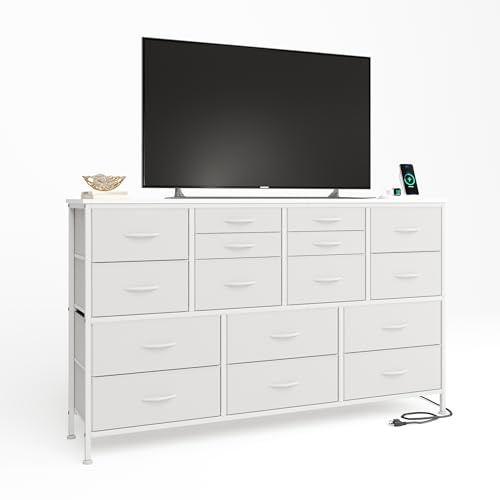 CAIYUN Chest of Drawers Bedroom, Contains 2 AC Ports & 2 USB, Bedroom Cabinet, 16 Storage Fabric Drawers Dresser for Bedroom, TV Stand Dresser with Steel Frame and Wood Top, White