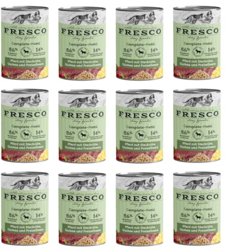 Fresco Complete-Menü Pferd mit Steckrübe, Quinoa & Preiselbeeren | 12er Pack | 12 x 400 g | Nassbarf für Hunde | Wichtige Proteine & Eiweiß | Aus reinem Muskelfleisch