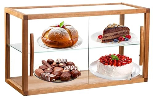 WXQZHF Holz Gebäckvitrine, 2-fach kristallklare Bäckerei Vitrine Sammler Arbeitsplattenschrank mit Schiebetür, kommerzielle Bäckerei-Lagerschrank Einzelhandel Vitrine 23,6 Zoll (Natur, 60 cm)