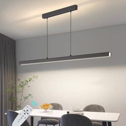 JKFBHGJL Modern LED Pendelleuchte Esstisch, 100CM 40W Black Lineares Esszimmer Pendelleuchten mit Fernbedienung, Dimmable 3 Color Temperature,with 200CM Adjustable Cords for Dining Room Bürolampe