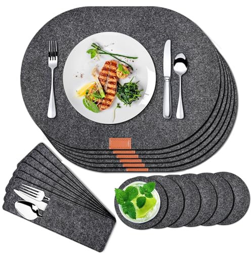 Platzsets Filz Abwaschbar, Hitzebeständige Tischsets und Untersetzer, 6 Waschbare Tischmattes, 6-rutschfeste Filzuntersetzer und 6-Besteckhüllen, Schützen Sie Ihren Küchen (Platzset Filz-Oval)