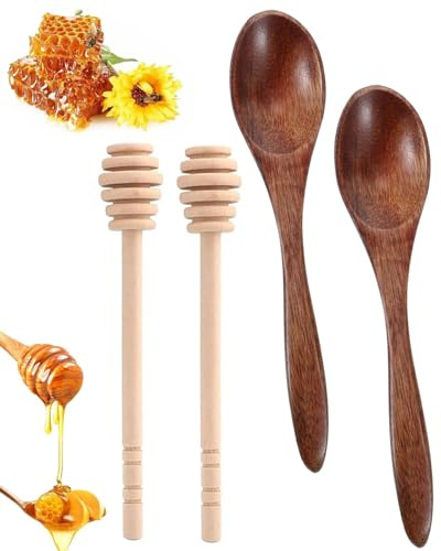 KEMUZ 4 Pezzi Cucchiai per Miele in Legno, Bastoncini Miele con Design a Nido d'Ape, Spargimiele Legno per Caffè, Tè, Cioccolata Calda, Ideale Regalo - 2 Cucchiai (14.5cm) + 2 Agitatori (10cm)​