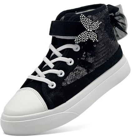 sharllen Girls Trainers Kids High Top Canvas Shoes Glitter Sequins Pumps | Bowknot, Easy Fasten, Lightweight, Casual Sneakers, Non-Slip, Breahtable