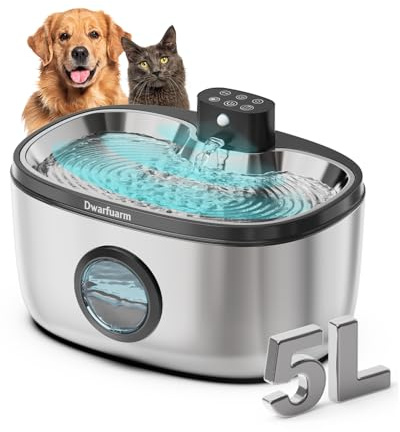 5L Trinkbrunnen für Hunde, Edelstahl Hundebrunnen mit LED Sensor, Katzenbrunnen Kabellos mit 4000mAh, 4-Schicht Filtration (Edelstahl, 5L)