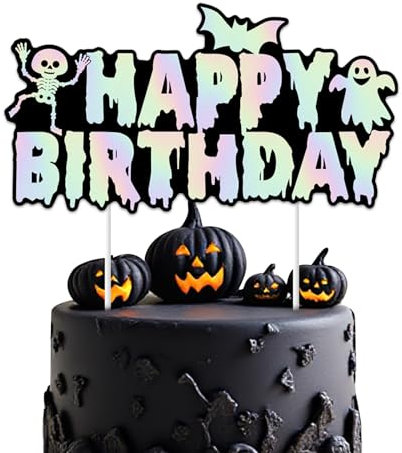 Halloween Birthday Cake Topper Halloween Laser Happy Birthday Cake Topper Cute Ghost Skeleton Bat Cake Decors Spooky One Two Spooky Bday Decor Boo Scary Spider Pumpkin Baby Shower Party Supplies
