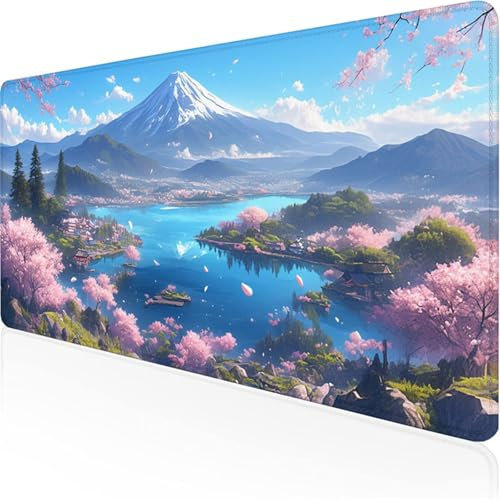 BleuTapis de Souris Mont Fuji sous Main Bureaucarte XXL Tapis Souris Gamer, Antidérapant Étanche Surface Lisse et Base Caoutchouc Lavable pour Bureau Ordinateur, PC et Ordinateur 1400x600x3mm XY-594