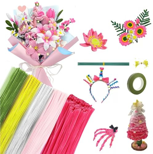 Pfeifenreiniger Blumen Set, 300 Stück 4 Farben Pipe Cleaner mit 20 Grünem Blumenstäbe, 1 Rolle grünes Blumendrahtband & 1 Blumen Staubblatt für DIY Blumenstrauß, Kunstwerk