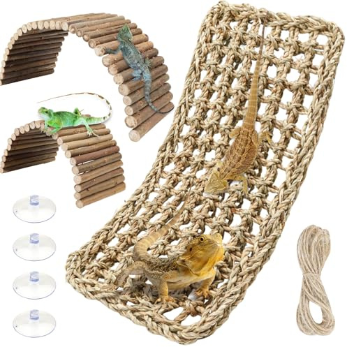 QUOZUO Accessori per serbatoio del drago barbuto, confezione da 3 amache per rettili in alghe marine naturali e ponte pieghevole in legno naturale per arrampicata, granchi eremiti, lucertole, topi