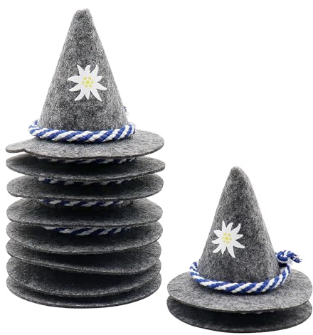 WANYI 10 Stück Oktoberfest Deko Klein Filzhut Seppelhut Mini Trachtenhut Bayrische Tischdeko Zipfelhut mit Blau/Weißer Kordel Blumenmuster fur Karneval Partydeko 8x10cm