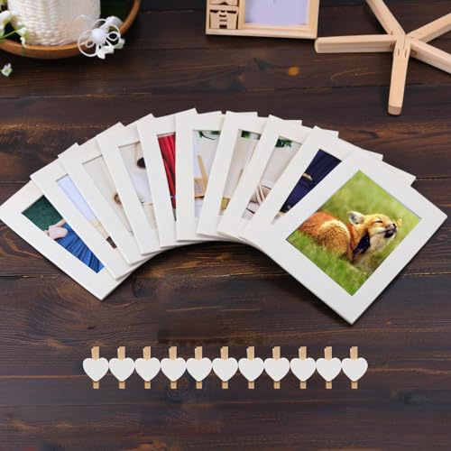 40 Pezzi Cornici Foto Decorative 10x15 cm in Cartone Bianco con Molletta legno Cuore – Cornici Portafoto in Cartone e Cornice di Carta per Foto per Compleanno, Matrimonio, Festa, Decorazioni Casa