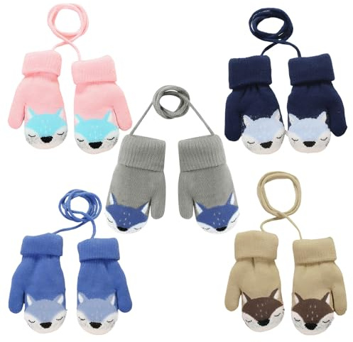 Uoxmiy 5 Pairs Toddler Mittens with String, Winter Knitted Mittens with String, Cute Fox Warm Baby Mitten with Furry Lining Hanging on Neck for Kids 0-3 Years