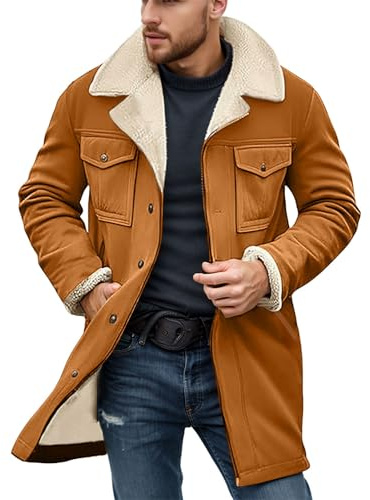 Caxndycing Mantel Herren Lang Lederjacke Wildleder Wintermantel mit Fell-Kragen Kerbkragen Ledermantel Einfarbig Winterjacke Thermo Einreihig Vintage Bikejacke Mottorradjacke