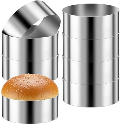 Acellegic 8 Pack 4 Inch Hamburger Bun Rings Mold English Baking Muffin Rings Stainless Steel Non Stick Baking Round Mold for Eggs, Pancakes, Muffins Scones Dessert Making Tool