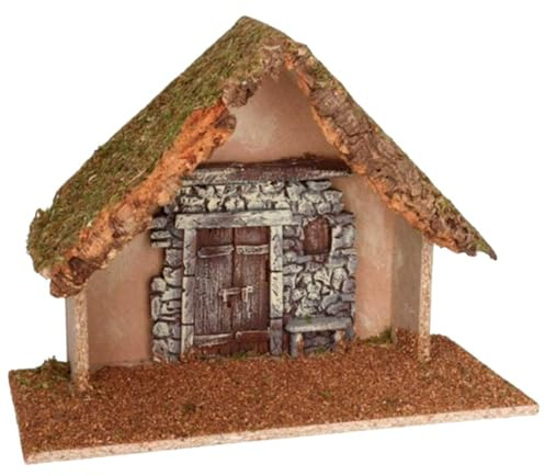 Acan Tradineur - Cueva/Portal de belén con Puerta, Madera y Corcho, Pesebre con Techo y Musgo para Nacimiento, Figura de Navidad, Adorno, decoración Tradicional - 37 x 16 x 29 cm