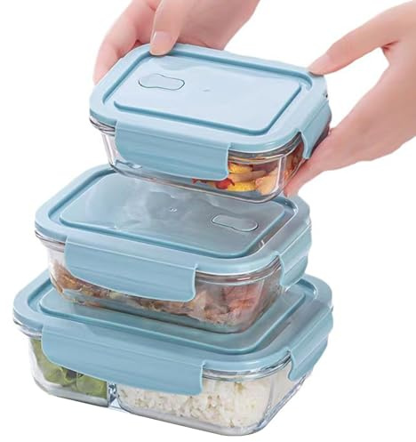 Glass Food Storage Containers with Lids(Set of 3-1040ml, 640ml, 340ml), Airtight Leakproof Meal Prep & Lunch Boxes, Freezer & Oven Safe, Snap Lock for Pantry Organization, Dishwasher Friendly