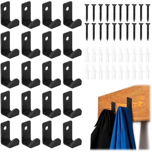 Foonary 20 ganci appendiabiti da parete, in metallo, colore nero, con 20 viti e 20 tasselli, ganci robusti per guardaroba, corridoio e bagno