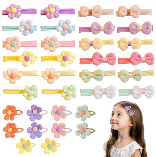 34 Stück Kleinkind-Haar-Accessoires für Mädchen, weiche, dehnbare Haargummis und Clips mit Schleifen und Blumen, sanfte elastische Pferdeschwanz-Halter für Babys, Kleinkinder, Kinder für Schule