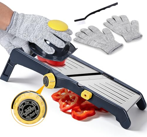 Masthome Mandoline Cuisine Professionnelle, 10 en1 Coupe Legumes Multifonctions, Mandoline Manuel avec Lames en Acier Inoxydable Réglables, Rapeuse Legume Équipée d’ un Brosse et de Gants de Sécurité
