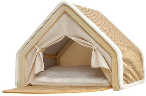 Katzenhaus mit Kratzbrett, 2in1 Holz Katzenzelt und Rückzugsort, Große Katzenhöhle für Zwei Katzen, Innenbereich Kratzmöbel aus Sisal