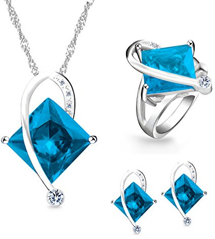Uloveido Charm Regenbogen Erstellt Topas Mystische Große Quadratische Kristall Halskette Passende Ohrstecker Ringe Weißes Gold Überzogen Hochzeit Schmuck Set (Multicolor, Rot, Grün, Blau, Lila) T295