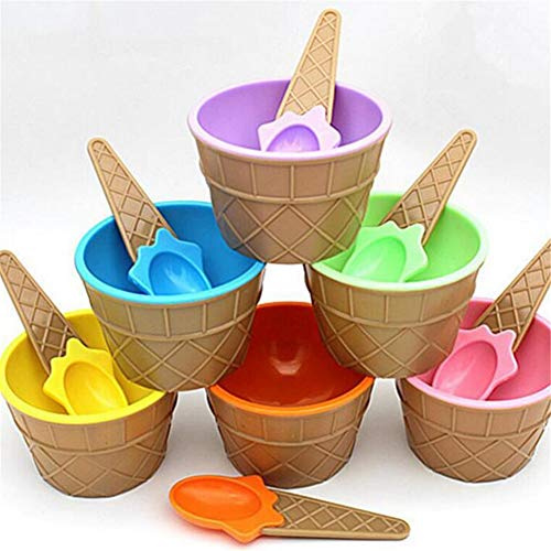 VALINK 6 pcs/Set Ice Cream Bowls Waffle Cups Shape Children Dessert Bowls and Spoons Set, Double Thickening Plastic Ice Cream Cup, Children's Anti-hot Tableware,Dessert Container Holder for Kids Gift