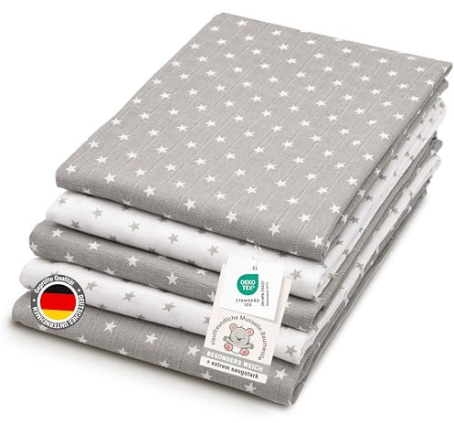 ZOLLNER 5er Set Musselin Spucktücher in 80x80 cm aus Baumwolle - hautfreundliche Mulltücher mit süßen Sternen - besonders weich und saugstark - waschbar bis 60°C - in grau weiß