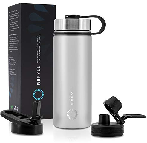 REFYLL Trinkflasche Edelstahl “easyFYLL” 500ml I Premium Thermoflasche für Wandern, Fitness, Fahrrad, Schule und Büro I Wasserflasche Edelstahl + Gratis Sportdeckel & Deckel mit Strohhalm