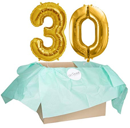 DECORAMI - celebrate happy times XXL Zahlen Luftballon 30, Gold, Zahlenballon mit Helium gefüllt, 86cm, Heliumballons im Karton zum Geburtstag und Jubiläum