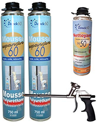 DSTOCK60 – Set mit 2 Stück Bauschaum/ Montageschaum, 750 ml, 1 Sprühpistole, 1 Reiniger, Profi-Schaumstoff, Polyethylen-Schaumstoff, für den Innen- und Außenbereich