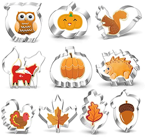 Bluelves Herbst Erntedankfest Ausstechformen Set, Edelstahl Ausstecher Kürbis, Eichel Fondant Keksausstecher für Kinder Thanksgiving, Kürbis, Ahornblatt, Eichhörnchen (10 Stück)