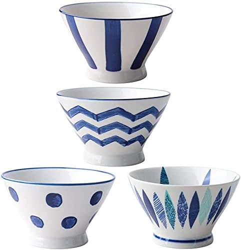 ZHANGDONG Bol Enfant saladier INOX saladier Plastique Bol Chinois Cul de Poule 4 pièces Bol en céramique Bol à Soupe Bol à Nouilles Grand Bol à Salade Bol à mélanger 5 Pouces
