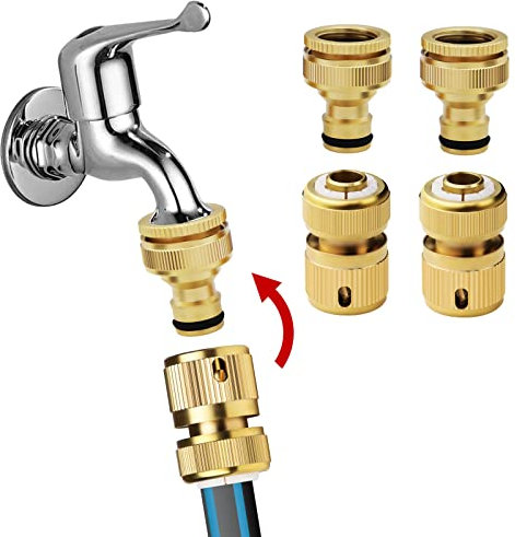 Mdlufee Brass Hose Tap Connectors - 1/2 Inch & 3/4 Inch 2in1 Faucet Adapter, Quick Connector for Car Washing & Hose Connection (4 pcs)