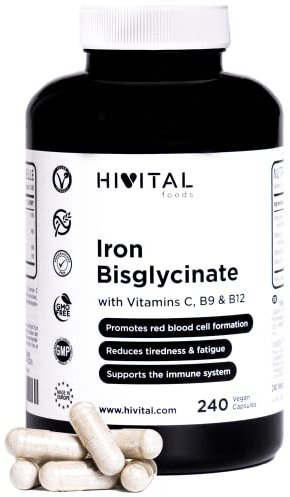 Ferro 14 mg. 240 capsule vegane per 8 mesi di trattamento. Ferro Bisglicinato con Vitamina C, Acido Folico e Vitamina B12. Prodotto in Europa da HIVITAL